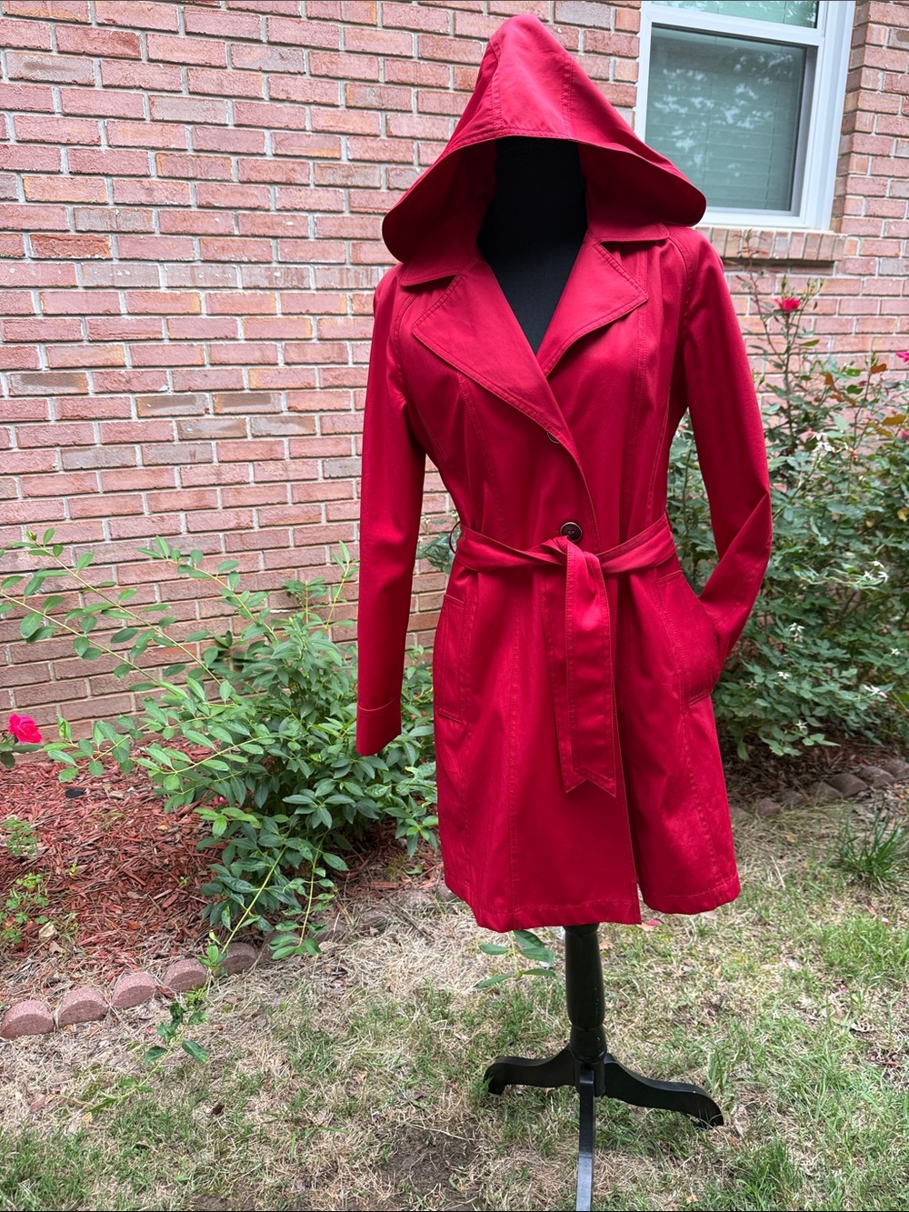 Gallery Red Hooded Trench Coat with Belt